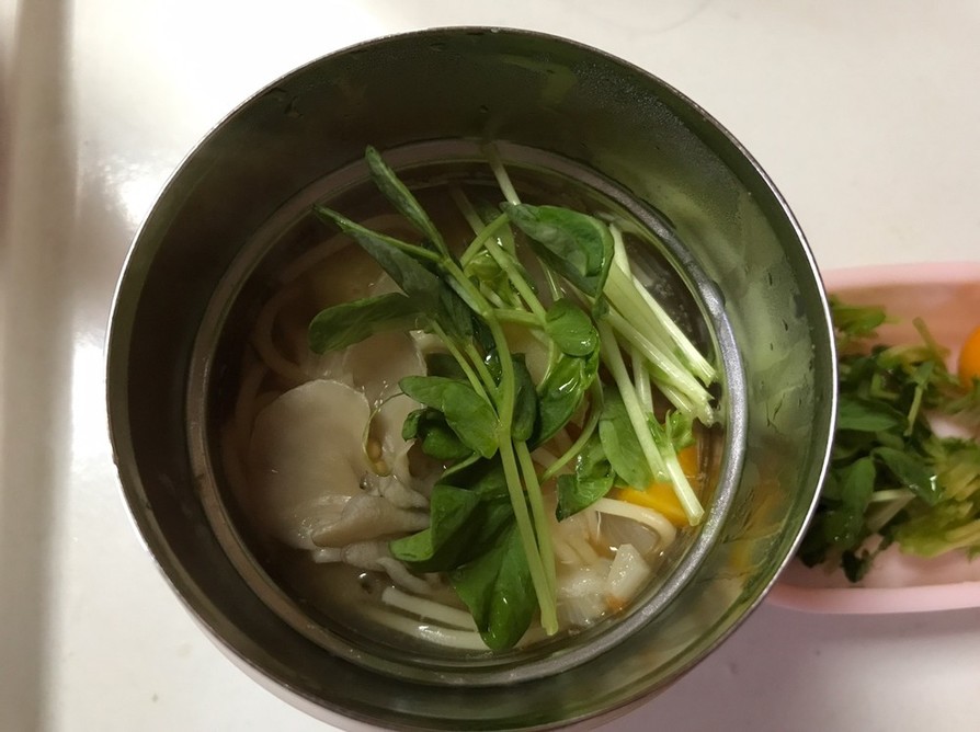 豆苗のスープポットパスタ♡お弁当の画像