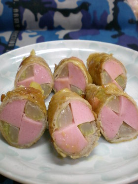 セロリとおさかなソーセージの肉巻き