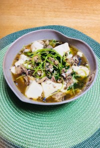 鯖缶で、豆苗と豆腐のヘルシー煮