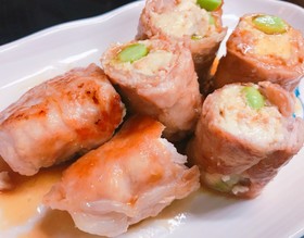 豆腐と枝豆の豚肉巻き