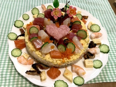 ひな祭りの海鮮バラちらし寿司ケーキの写真