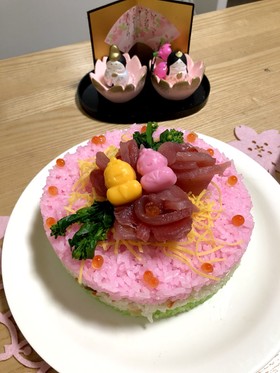 ひな祭り ピンクのバラの寿司ケーキ