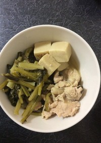 鶏肉と高野豆腐とかぶの葉のゆずこしょう煮