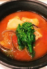 菜の花と魚介のトマトスープ
