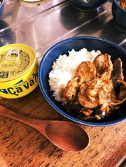 サヴァ缶でナスとキノコのカレー風味の写真