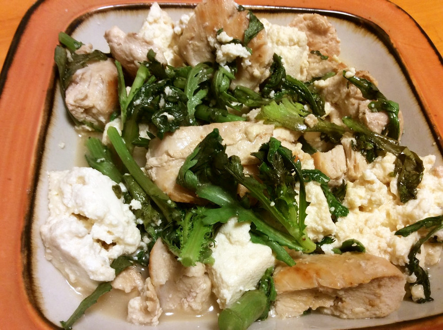 鶏胸肉、豆腐、春菊の炒めものの画像