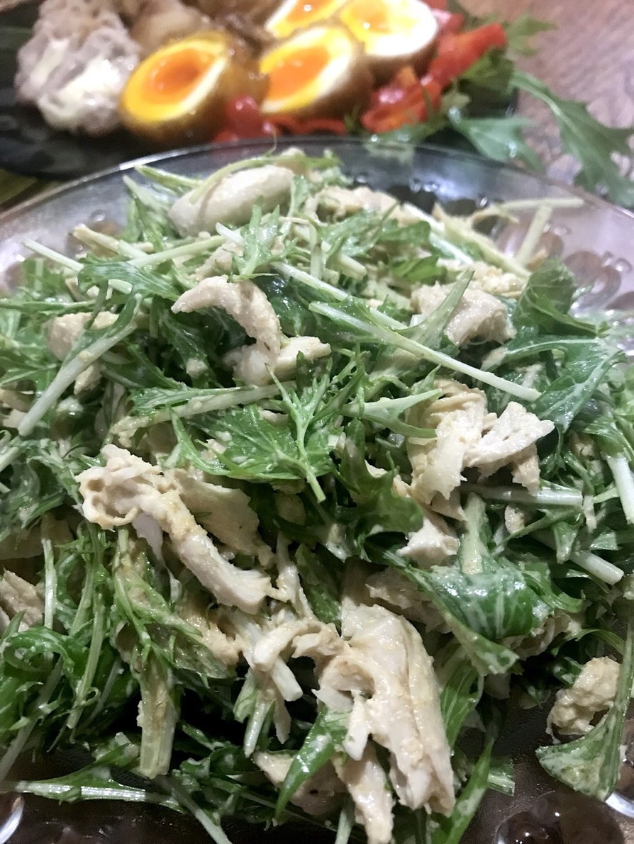 簡単 水菜とササミのピリ辛ゴママヨサラダの画像