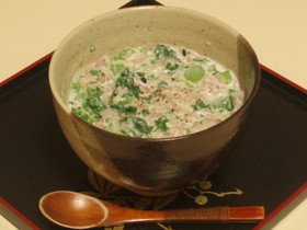菜の花の豆乳リゾット(玄米ごはんで)