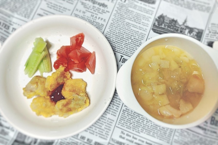 【後期食】たらのピカタ・麩と野菜の味噌汁の画像