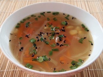 あっさり中華風のコーン入り野菜スープの写真