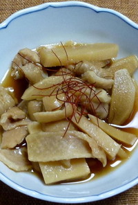 鶏皮とタケノコ、新生姜のめんつゆ煮
