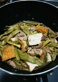 イタドリ、豚肉、厚揚げの中華風味噌炒め