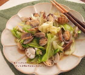 お酒に合う♪あさりとキャベツの酒蒸し。