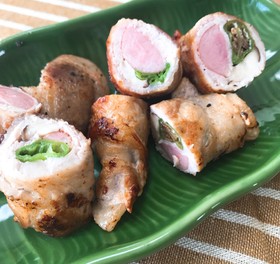 ししとう、椎茸、ウインナーの豚肉巻き
