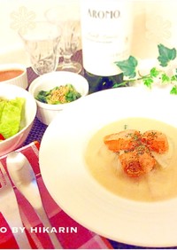 温野菜と鮭の豆乳クリームシチュウ