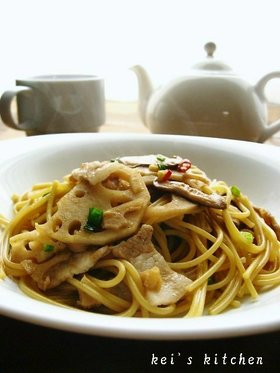 蓮根と椎茸の和風パスタ