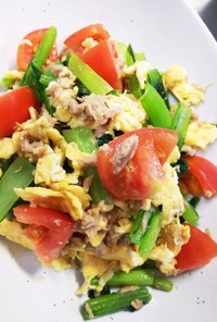 小松菜とツナ、トマト、卵の炒め物