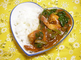 晩ごはん大急ぎ!ほうれん草とエビのカレー