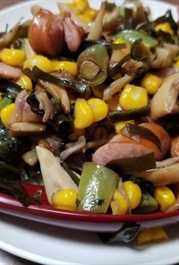 市販キノコ、野菜の油炒め・つる豆、紫蘇