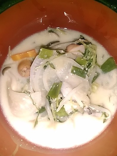 牛乳とキノコの味噌スープの写真