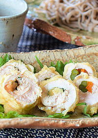 鶏ささみ巻き天ぷら-大葉と梅肉・新生姜-