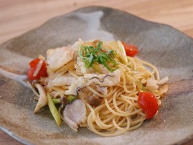 アスパラとミニトマトと鯨の和風パスタ