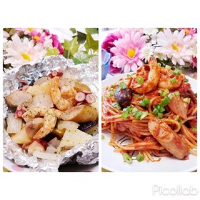 シーフードのホイル蒸し焼き/+аでパスタ