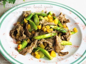 楽々味付け♡豚肉とアスパラのバジルソテー