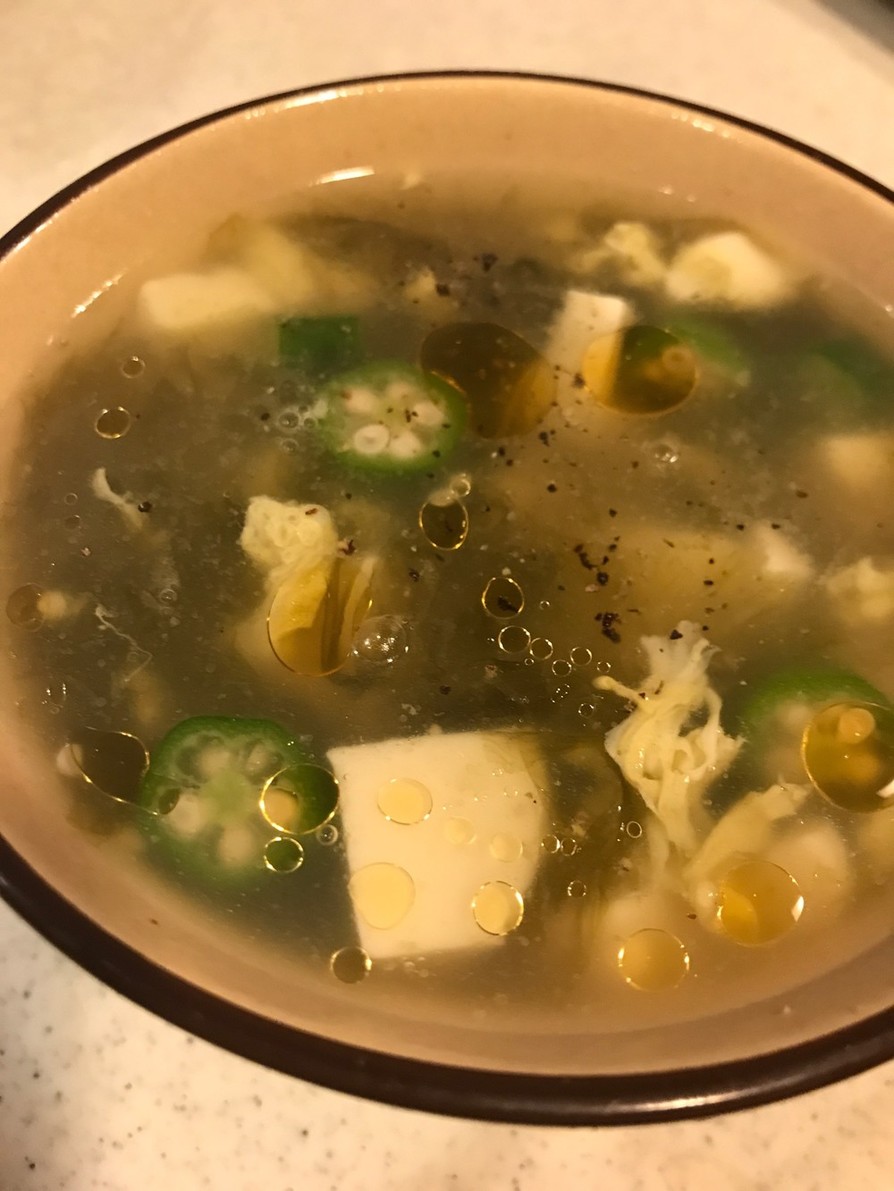 オクラ アオサ 豆腐 卵の中華スープの画像