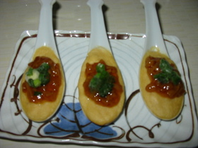 レンゲで♪豆腐の一口蒸し☆なめたけソース