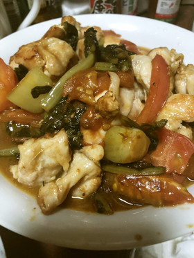 トマトと鶏肉の野沢菜炒め