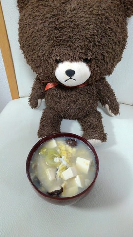 中華風豆腐と椎茸のふわふわ卵レタススープ