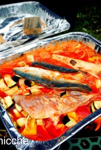 キャンプ飯♡鯖と野菜のトマト煮込み