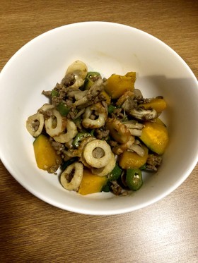 ひき肉とかぼちゃの甘辛炒め