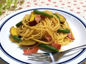 さつま芋とベーコンのバター醤油パスタ