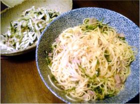 豆苗と豚肉の塩味スパゲティ