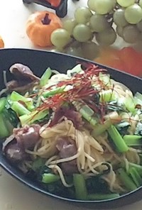 小松菜と砂肝のペペロンチーノ