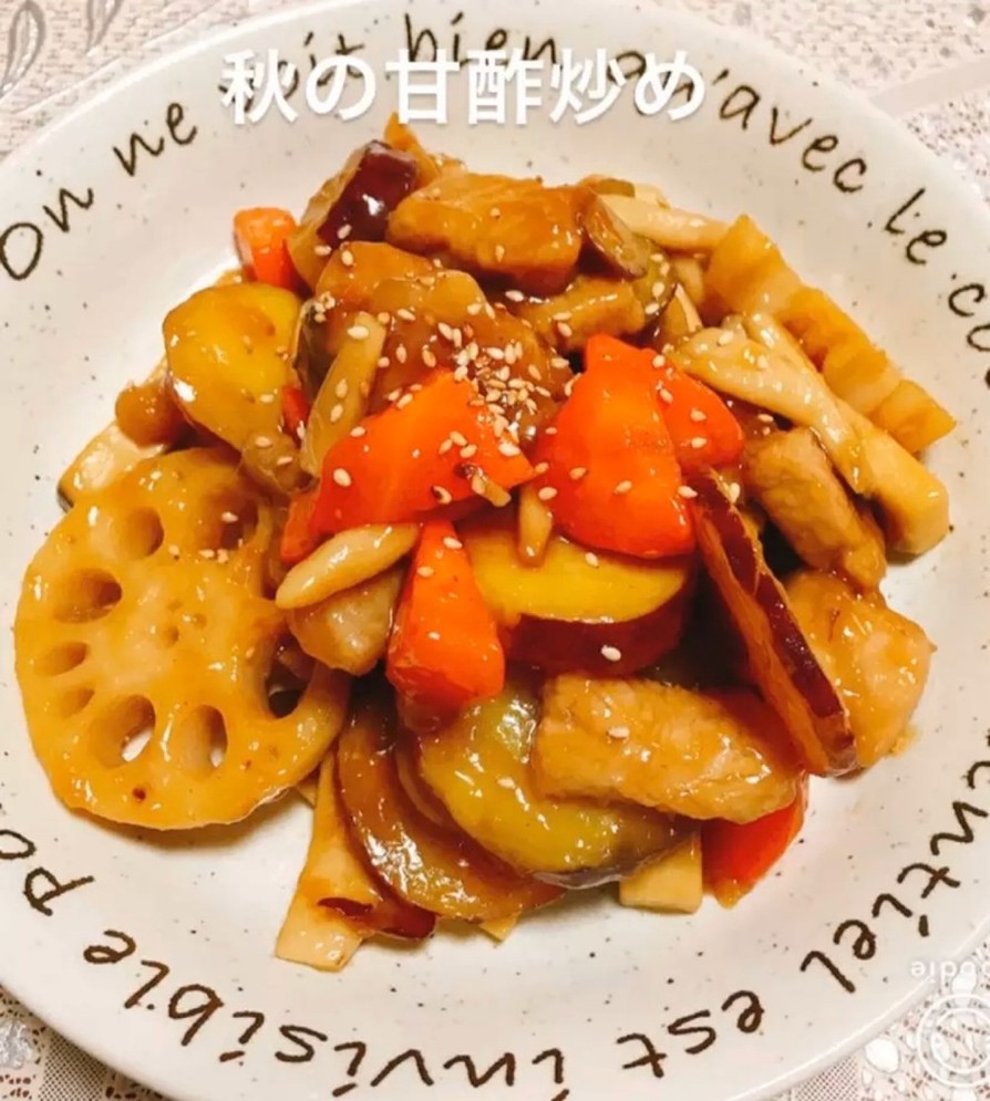 根菜、キノコ、豚ロースの秋の甘酢炒め♡♡の画像