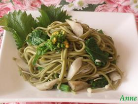 菜の花とゴボウの茶そば-からし味噌風味-