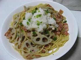 岩国蓮根とベーコンの和風パスタ
