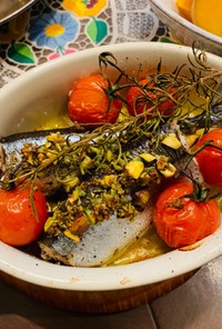 ピスタチオとハーブの秋刀魚オーブン焼き