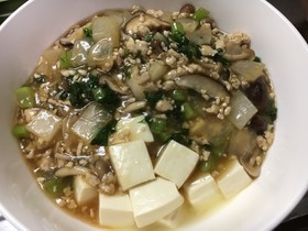 大根と大根の葉とキノコのあんかけ豆腐
