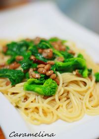 青菜と納豆のペペロンチーノパスタ