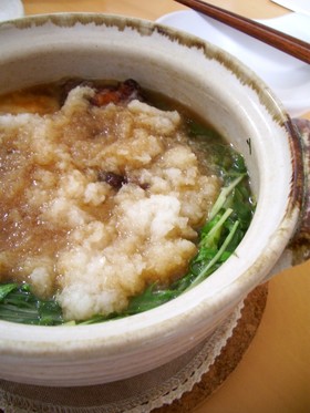 唐揚げと水菜でみぞれ鍋♪揚げもちも一緒♪