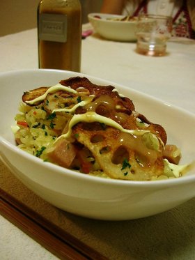 スパムとれんこんのカレーしょうゆピラフ