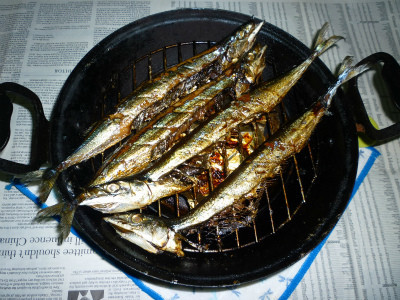 長谷燻鍋で秋刀魚の丸干しの燻製の画像