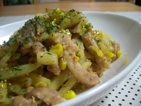 新じゃがと鶏肉の味噌バタコーン炒め