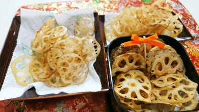 蓮根チップス・おせち料理の写真
