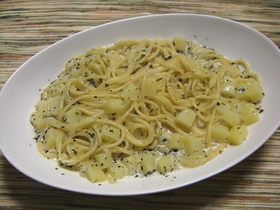新じゃが芋とバジルのクリーム風パスタ