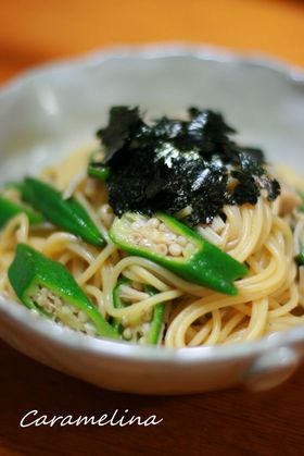 オクラとえのきの和風あえパスタ